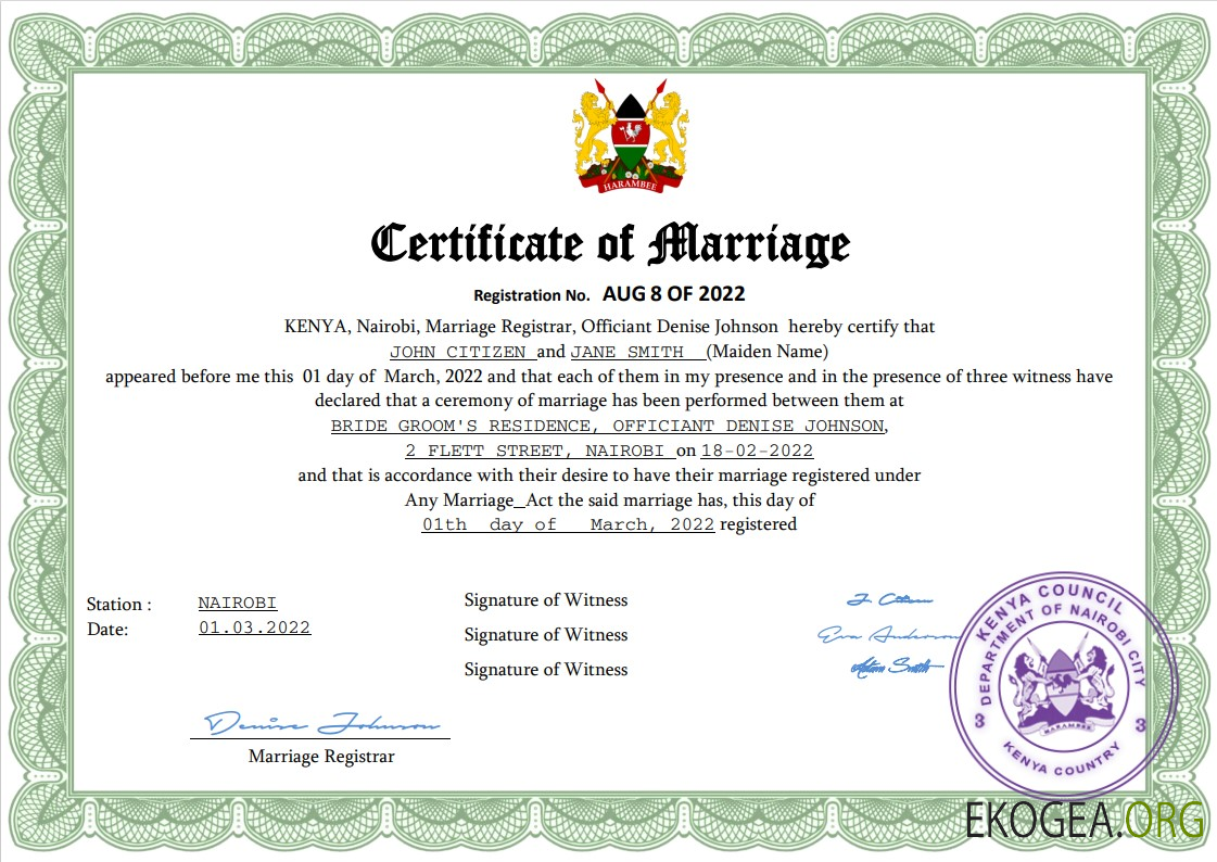 Modèle Word et PDF de certificat de mariage au Kenya